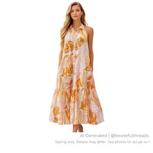 Linen Blend Tropical Tiered Midi Dress w Pockets Relaxed M/L